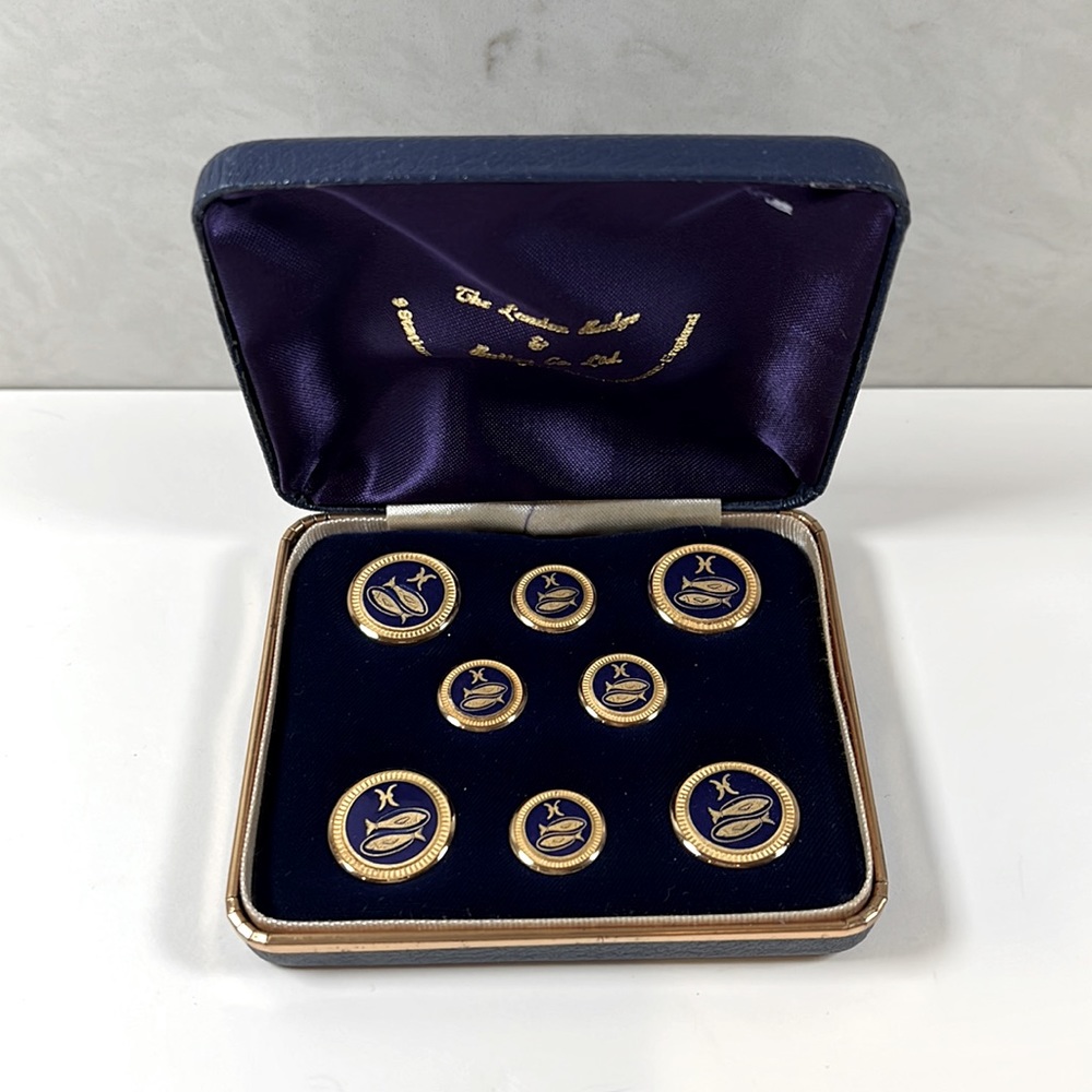 Vintage PISCES Zodiac Blazer Buttons LONDON BADGE goldtone and blue enamel c1970
